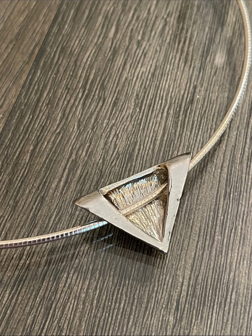 Vintage Silver-tone Wire Necklace with Pave Rhinestone Triangle Pendant - Slide